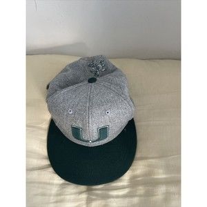 UNIVERSITY OF MIAMI  U HURRICANES EMBROIDERED LOGO GRAY FLANNEL & GREEN HAT CAP